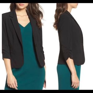 Timeless Eliza J. black ruched sleeve blazer.